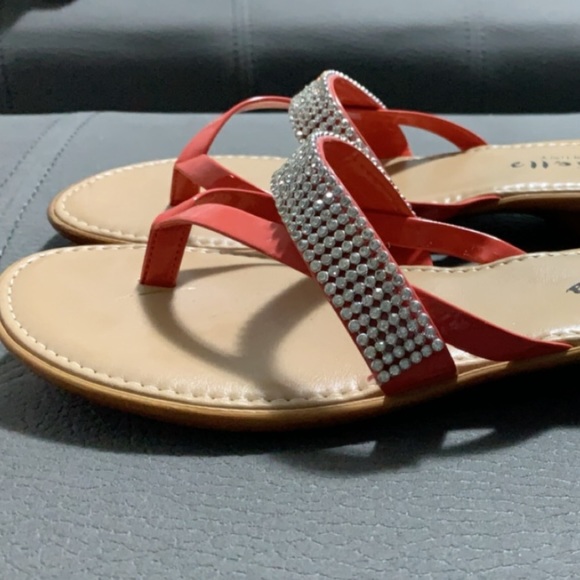 Coral and rhinestone detailed thong sandals - Picture 2 of 7